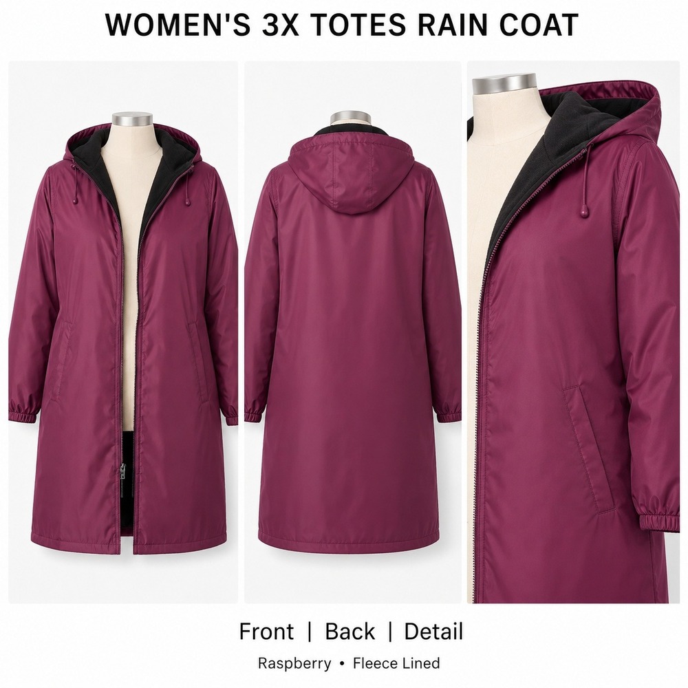 Totes Womens 3X Raspberry Pink Fleece Lined Water Resistant Hooded Rain Coat